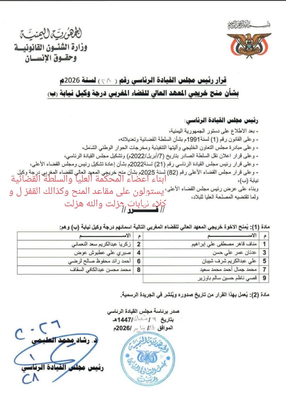 زلزال فساد يضرب حكومة رشاد .. منح قضائية باسم اليمن تتحول إلى امتيازات خاصة لأبناء النافذين في حكومة عدن ( وثيقة )